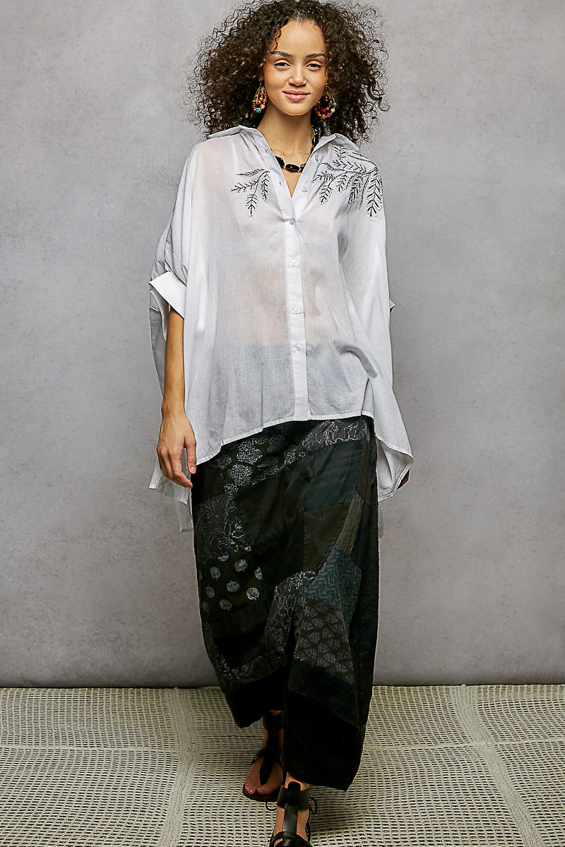 POL Button Down Embroidered Floral High-Low Hem Shirt - Image 8