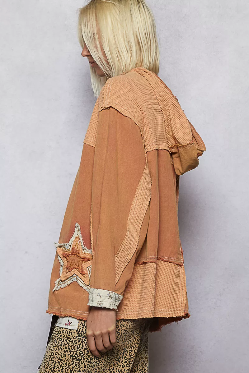 POL Button Down Hooded Jacket with with Star Patch Pattern - Image 3