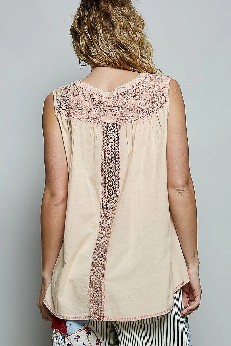 POL Button Down Round Neck Tank with Crochet Contrast - Image 4