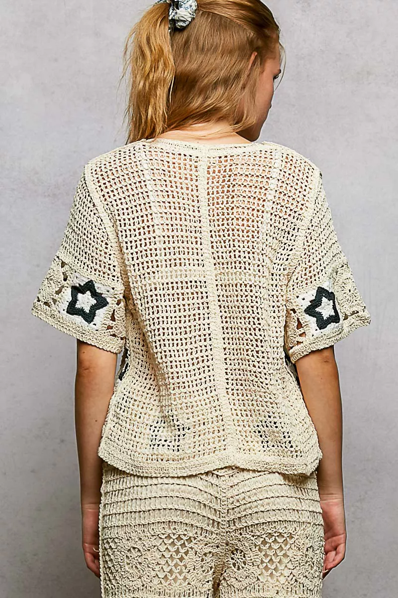 POL Button Front V-Neck Crochet Cardigan with Contast Star - Image 4