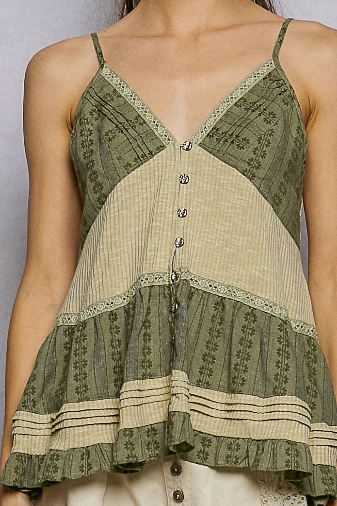 POL Button Front V-Neck Ruffled Cami with Pintuck Accents - Image 6