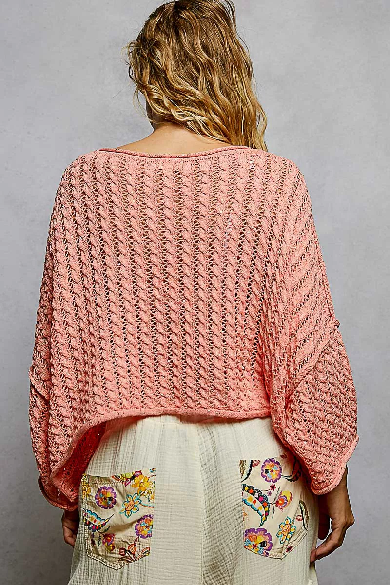POL Cable-Knit Openwork Round Neck Cropped Sweater - Image 2