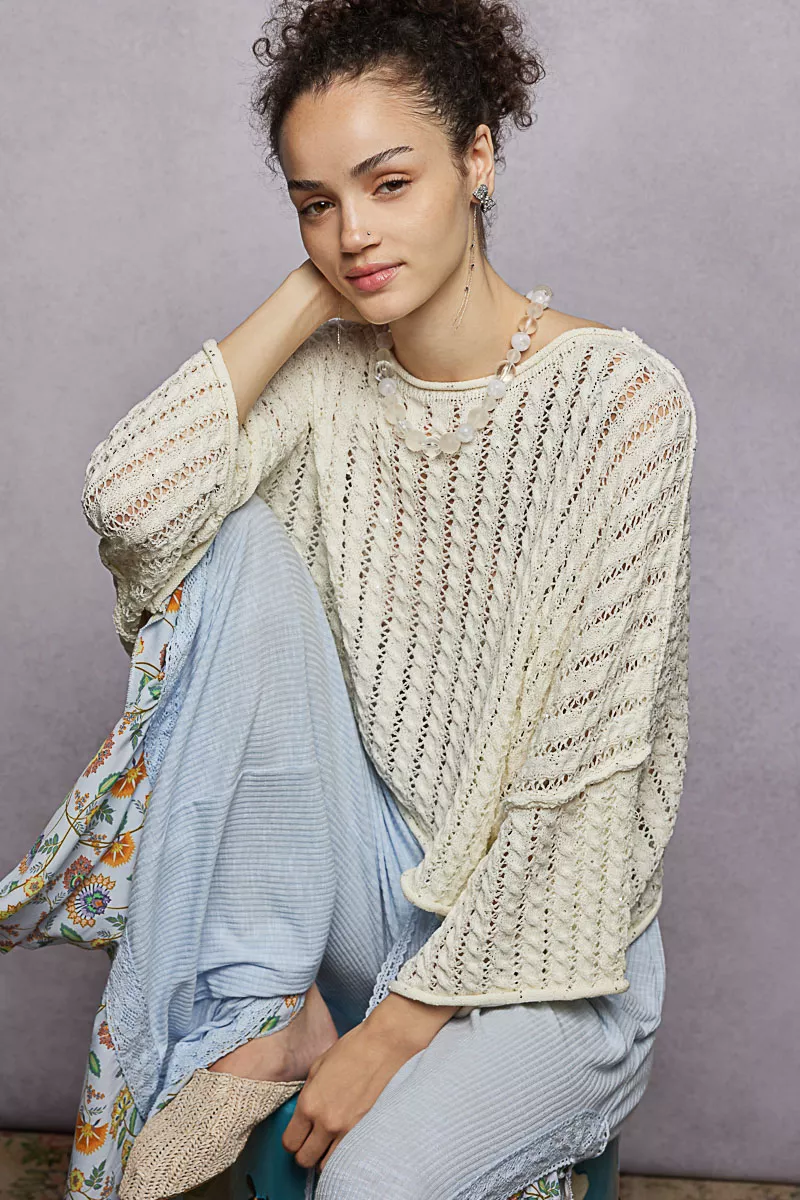 POL Cable-Knit Openwork Round Neck Cropped Sweater - Image 3