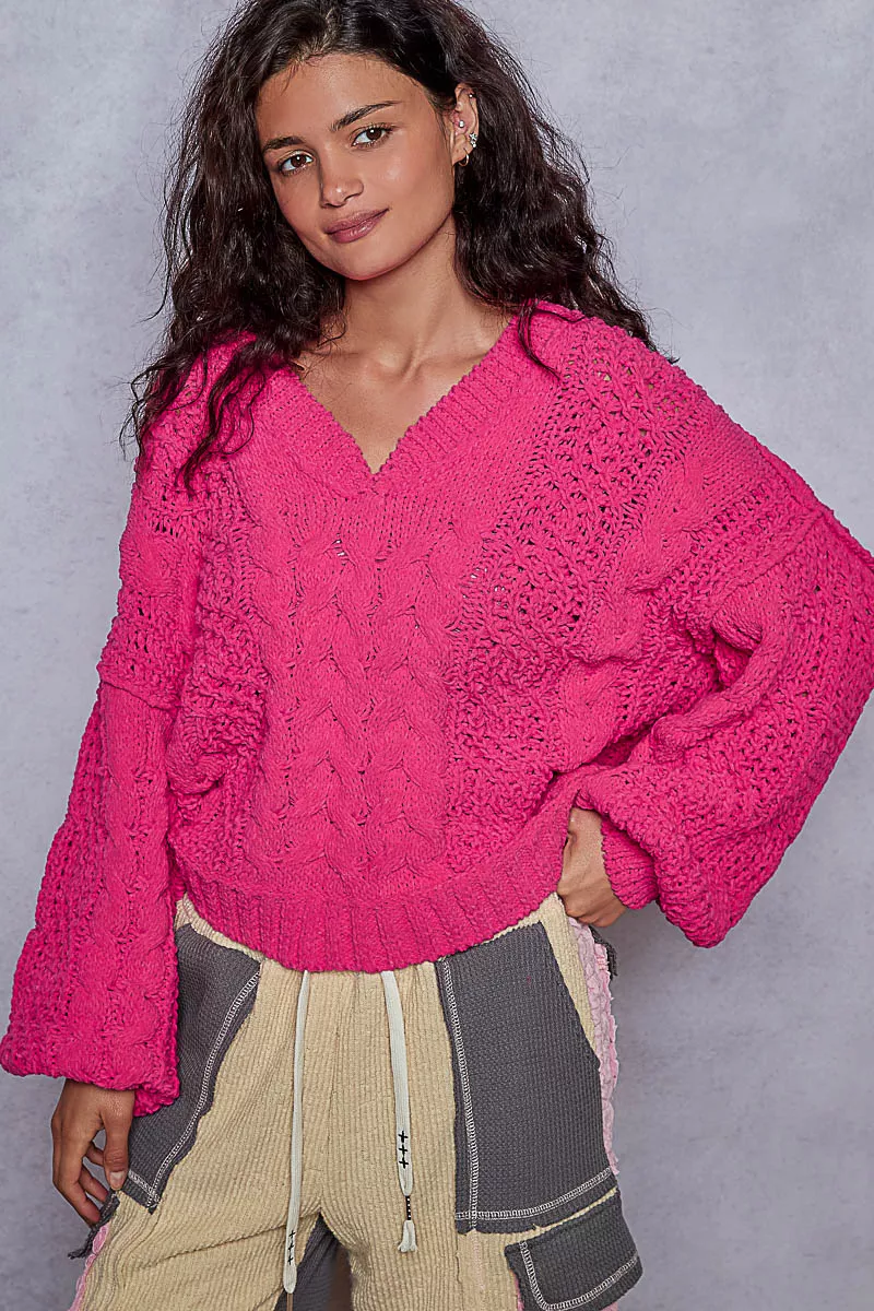POL Cable-Knit Solid V-Neck Cropped Sweater - Image 10