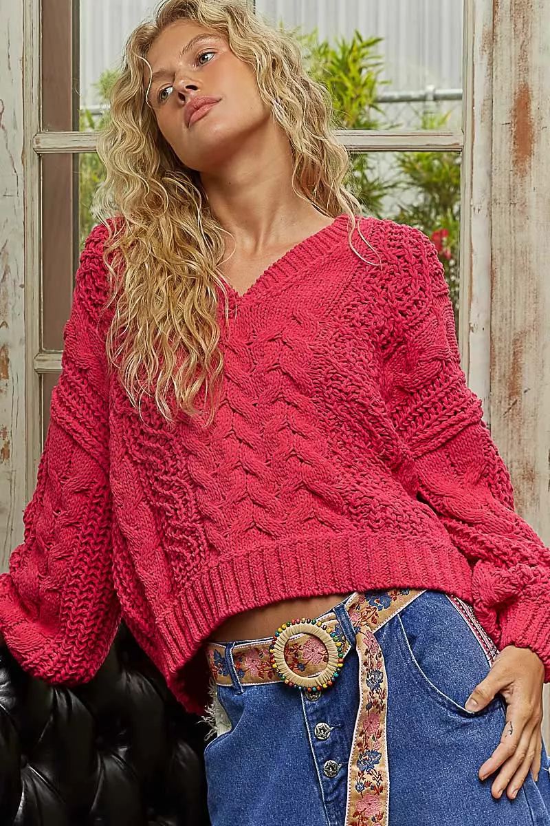 POL Cable-Knit Solid V-Neck Cropped Sweater - Image 4