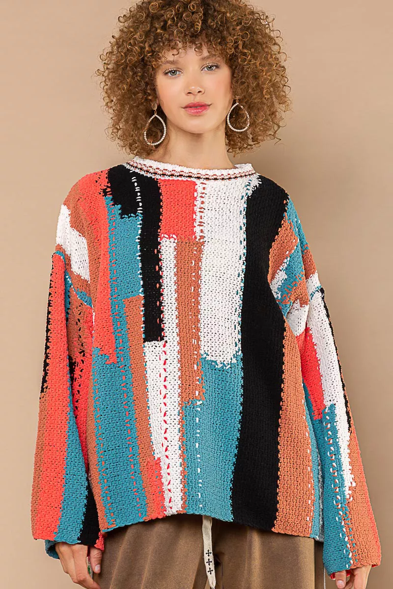 POL Color Block Round Neck Oversized Sweater - Image 6