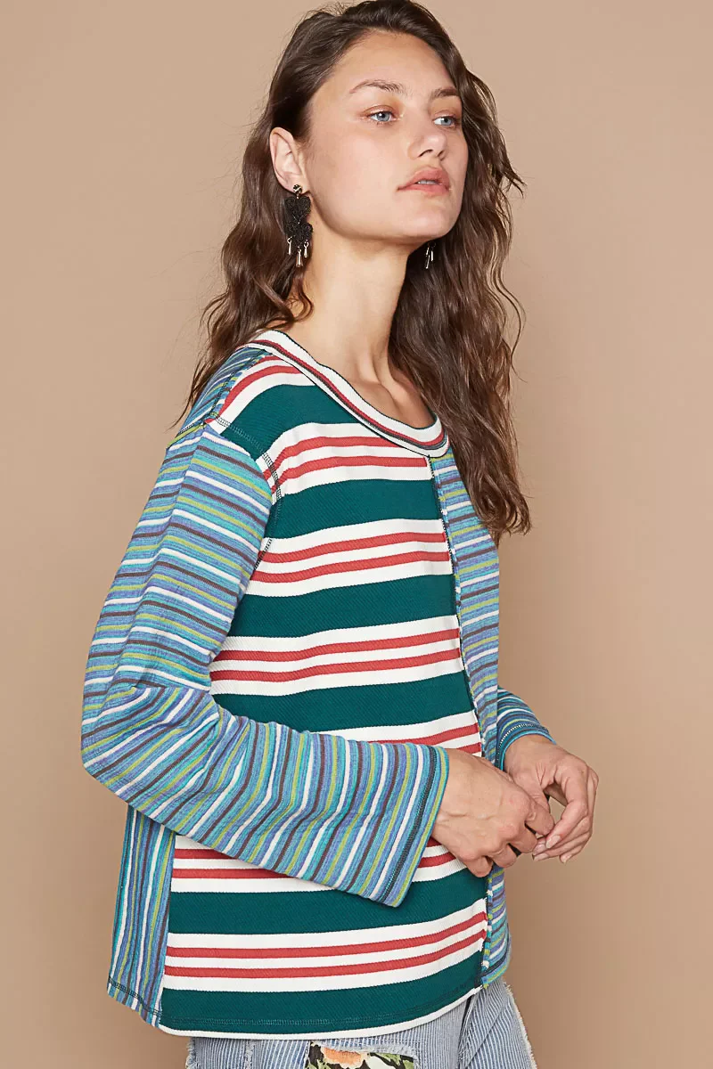 POL Color Block Striped Round Neck Long Sleeve T-Shirt - Image 3