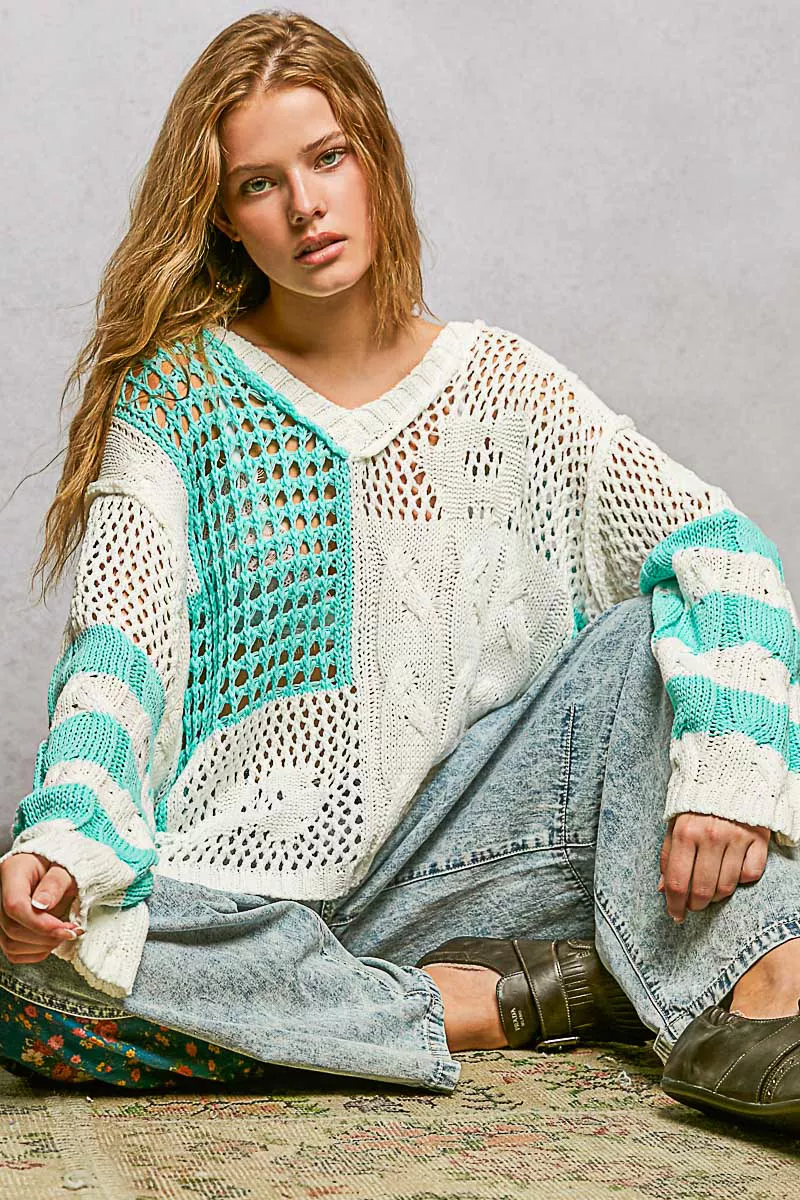 POL Color-Blocked Stripe Pattern Knit Top with Twisted Weave - Image 3