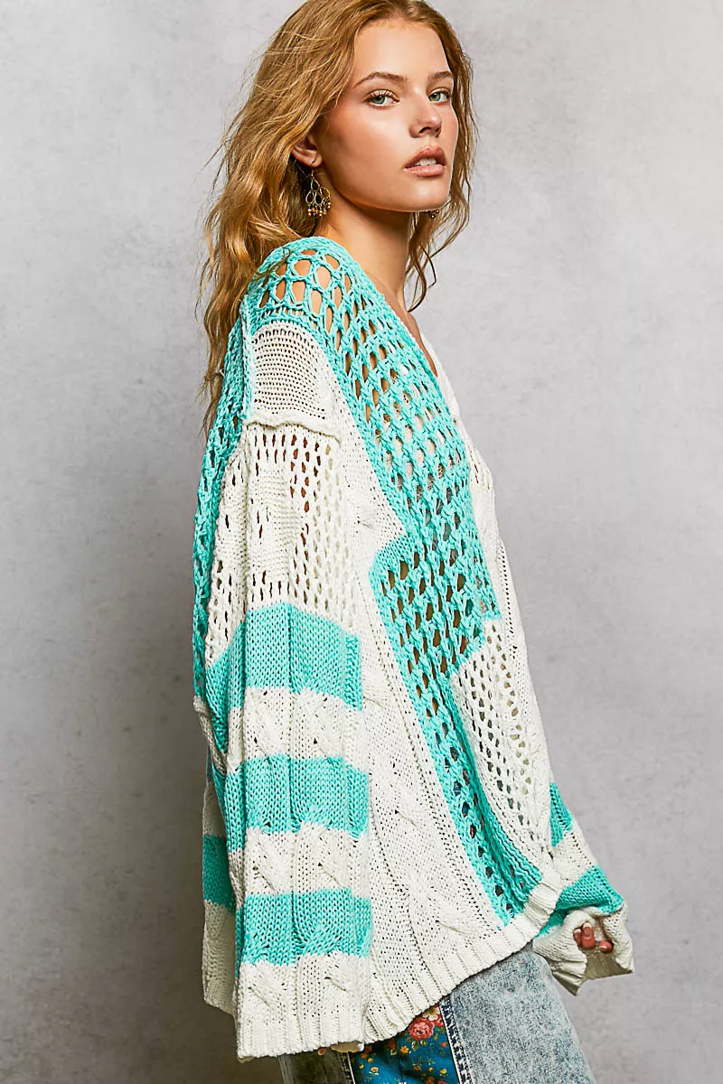 POL Color-Blocked Stripe Pattern Knit Top with Twisted Weave - Image 5