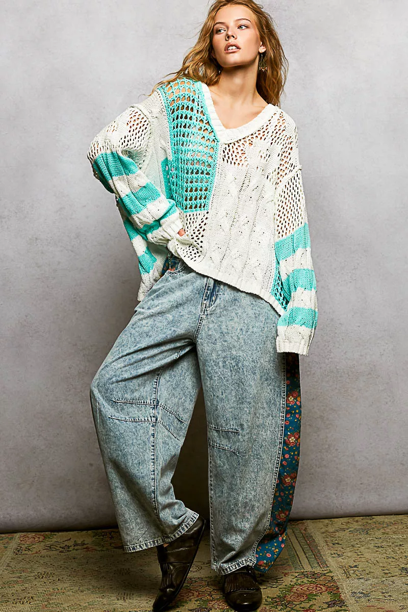 POL Color-Blocked Stripe Pattern Knit Top with Twisted Weave - Image 7
