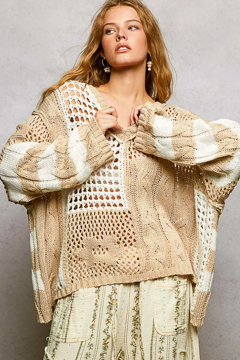 POL Color-Blocked Stripe Pattern Knit Top with Twisted Weave - Image 2