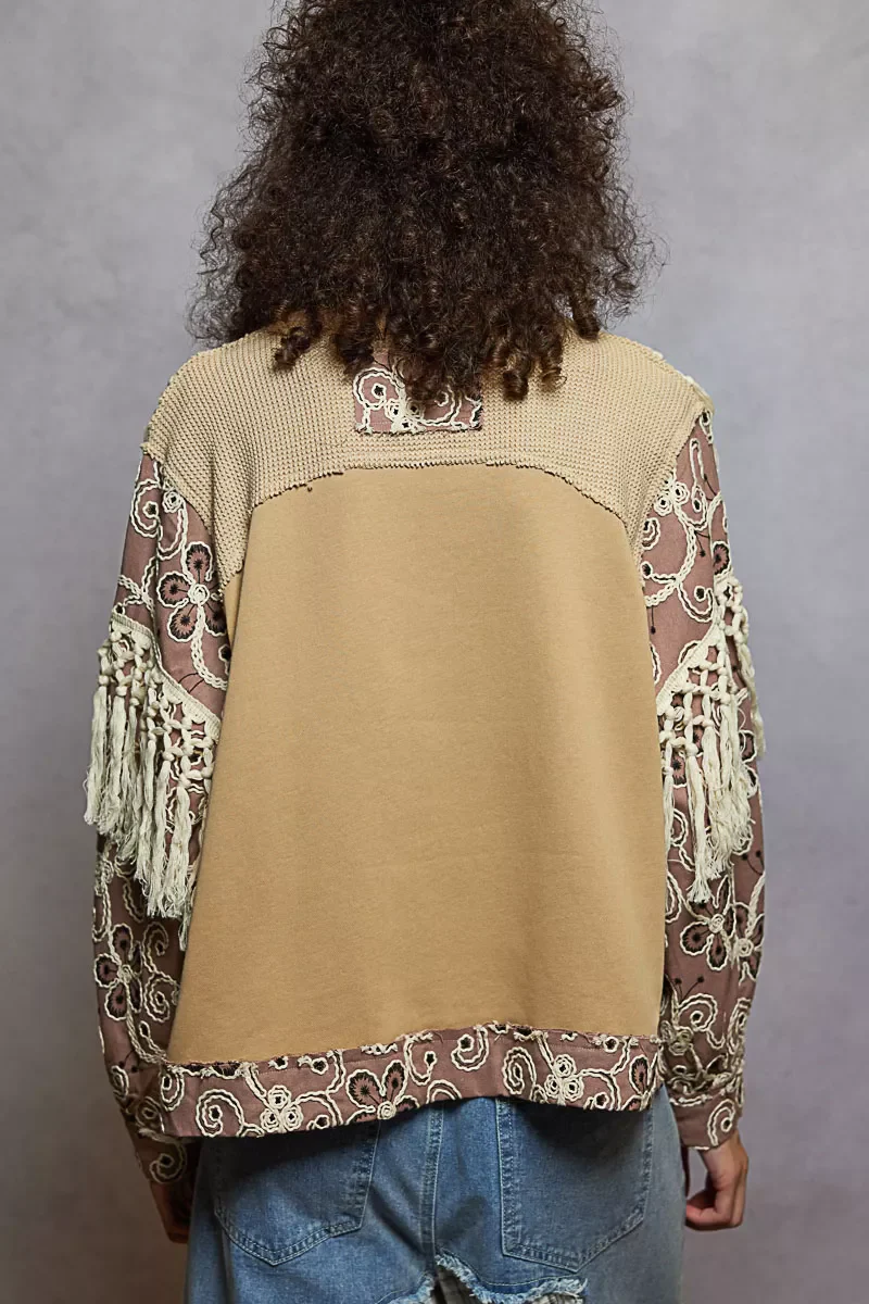 POL Contrast Floral Embroidery Balloon Sleeve Top with Tassel Trim - Image 4