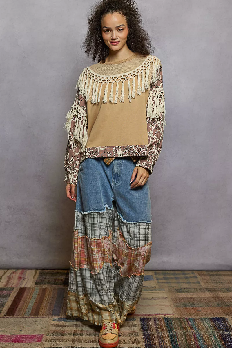 POL Contrast Floral Embroidery Balloon Sleeve Top with Tassel Trim - Image 5