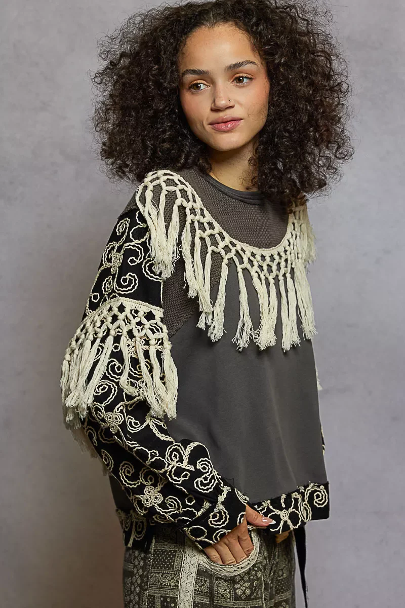 POL Contrast Floral Embroidery Balloon Sleeve Top with Tassel Trim - Image 3