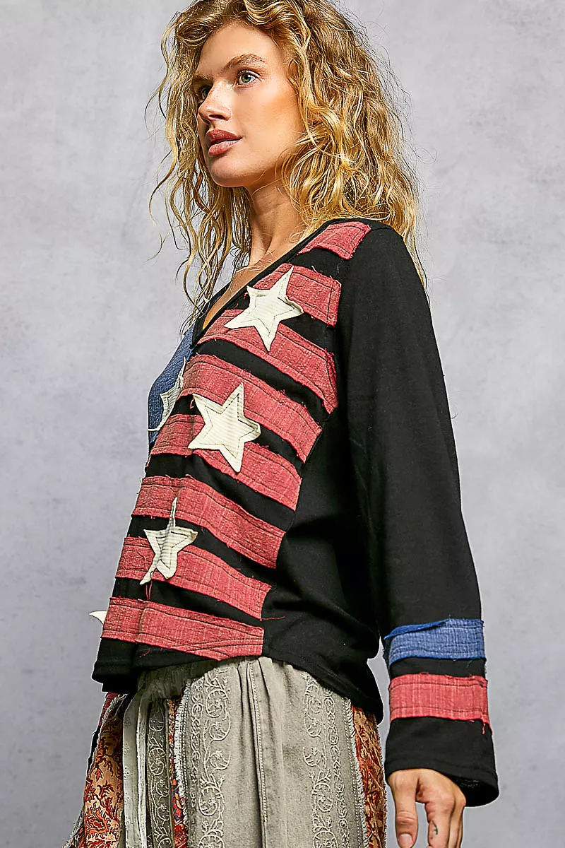 POL Double Gauze American Flag Patch V-Neck Long Sleeve T-Shirt - Image 3