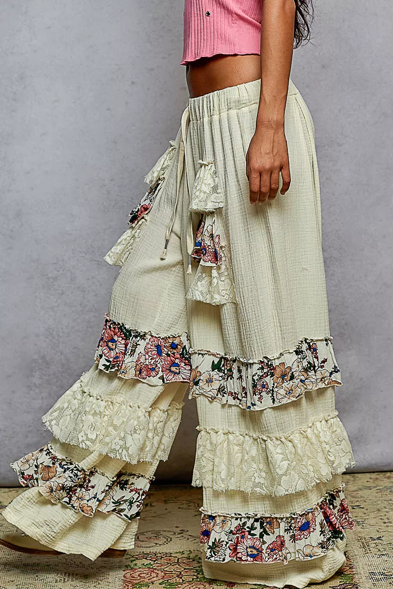 POL Drawstring Double Gauze Wide Leg Pants with Print and Lace Ruffle - Image 2