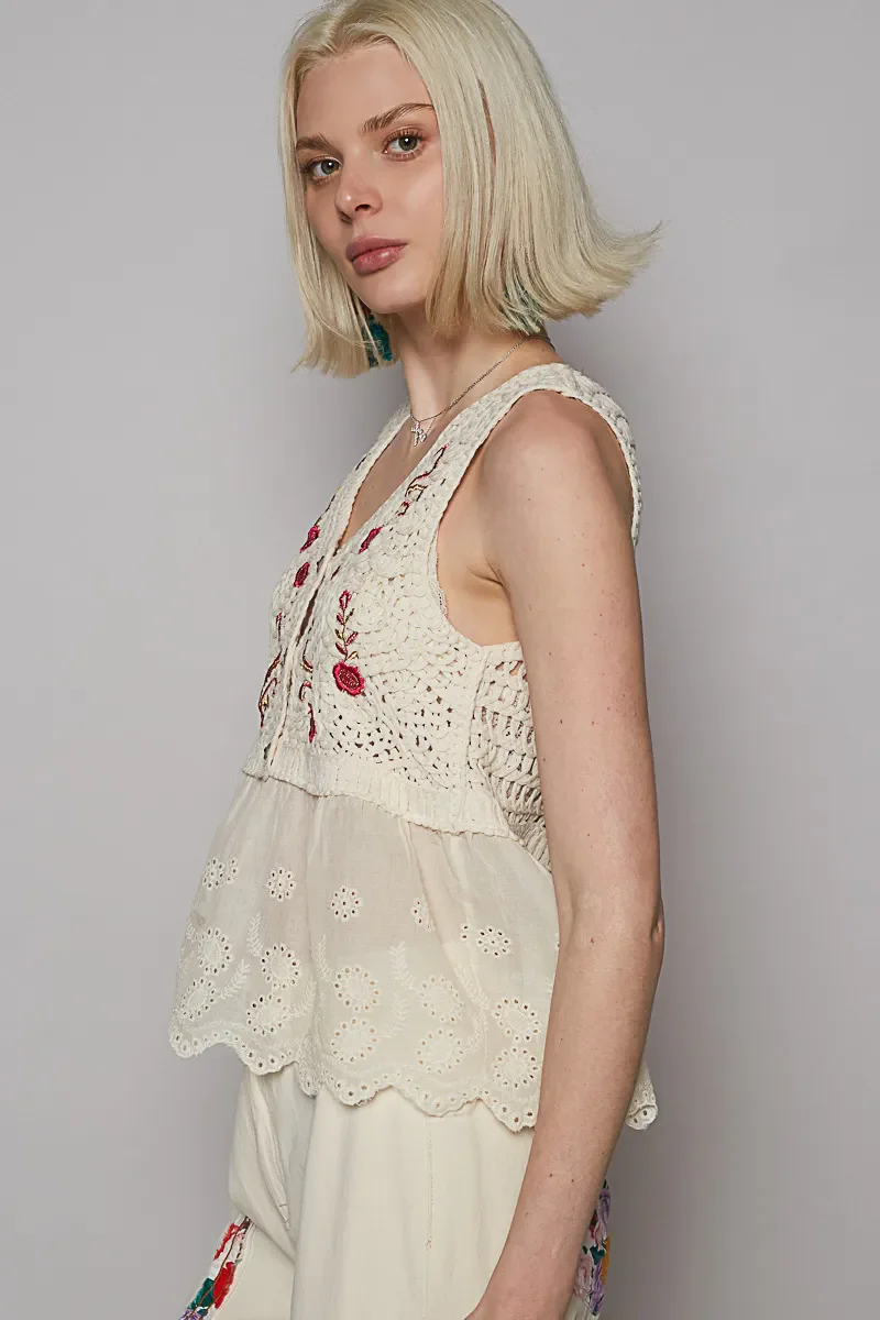 POL Embroidered Detail V-Neck Eyelet Peplum Tank - Image 2