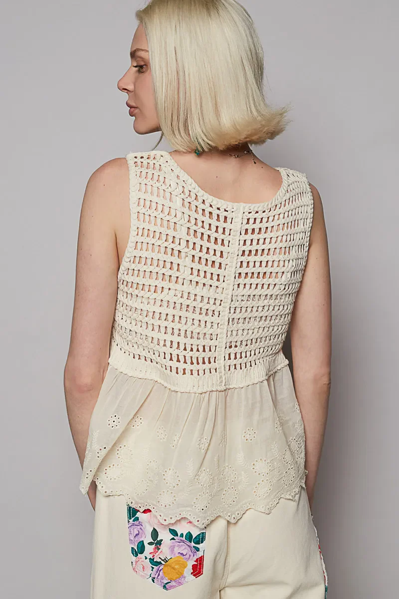 POL Embroidered Detail V-Neck Eyelet Peplum Tank - Image 3