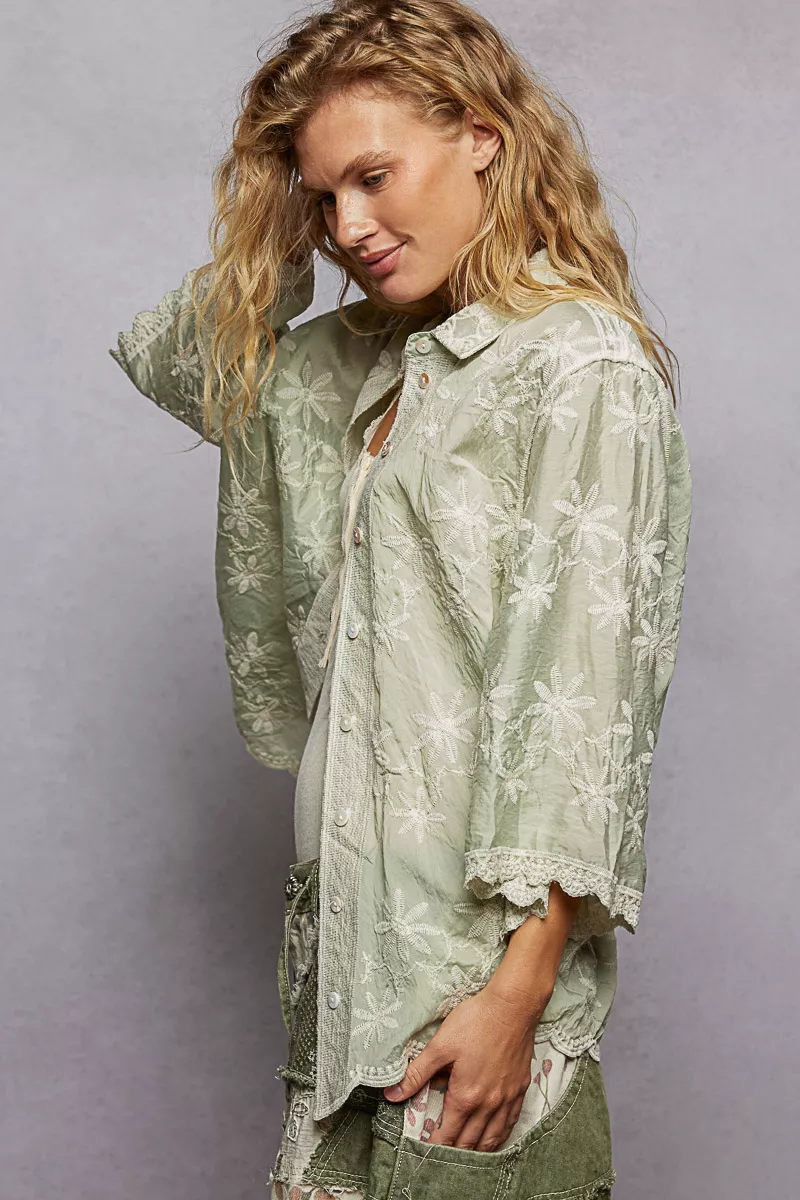 POL Embroidered Floral Collared Neck Shirt with Scalloped Edges - Image 3