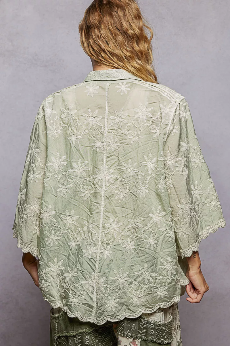 POL Embroidered Floral Collared Neck Shirt with Scalloped Edges - Image 4