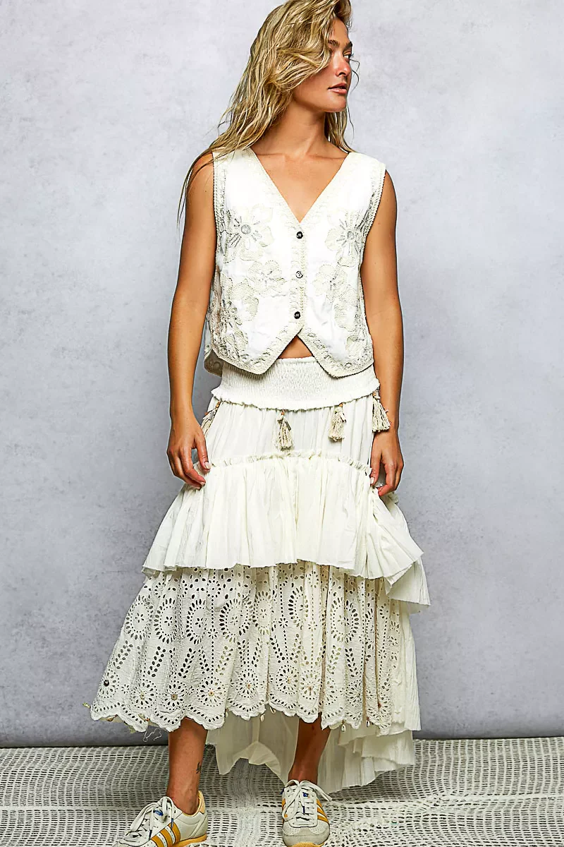POL Embroidered Floral V-Neck Button Down Crochet Vest - Image 13
