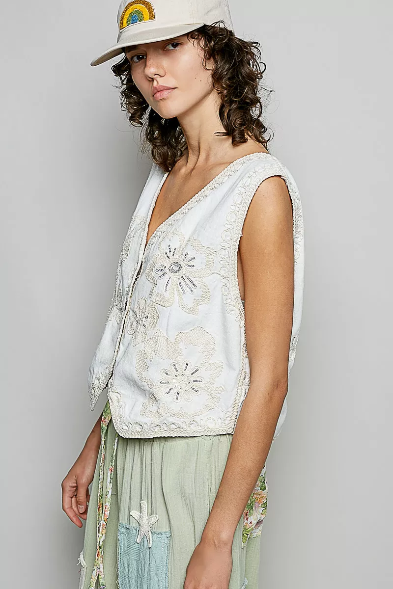 POL Embroidered Floral V-Neck Button Down Crochet Vest - Image 4