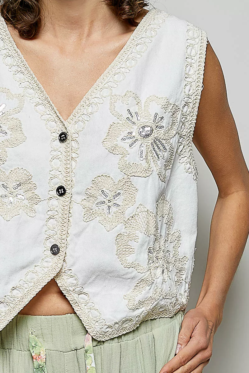 POL Embroidered Floral V-Neck Button Down Crochet Vest - Image 9