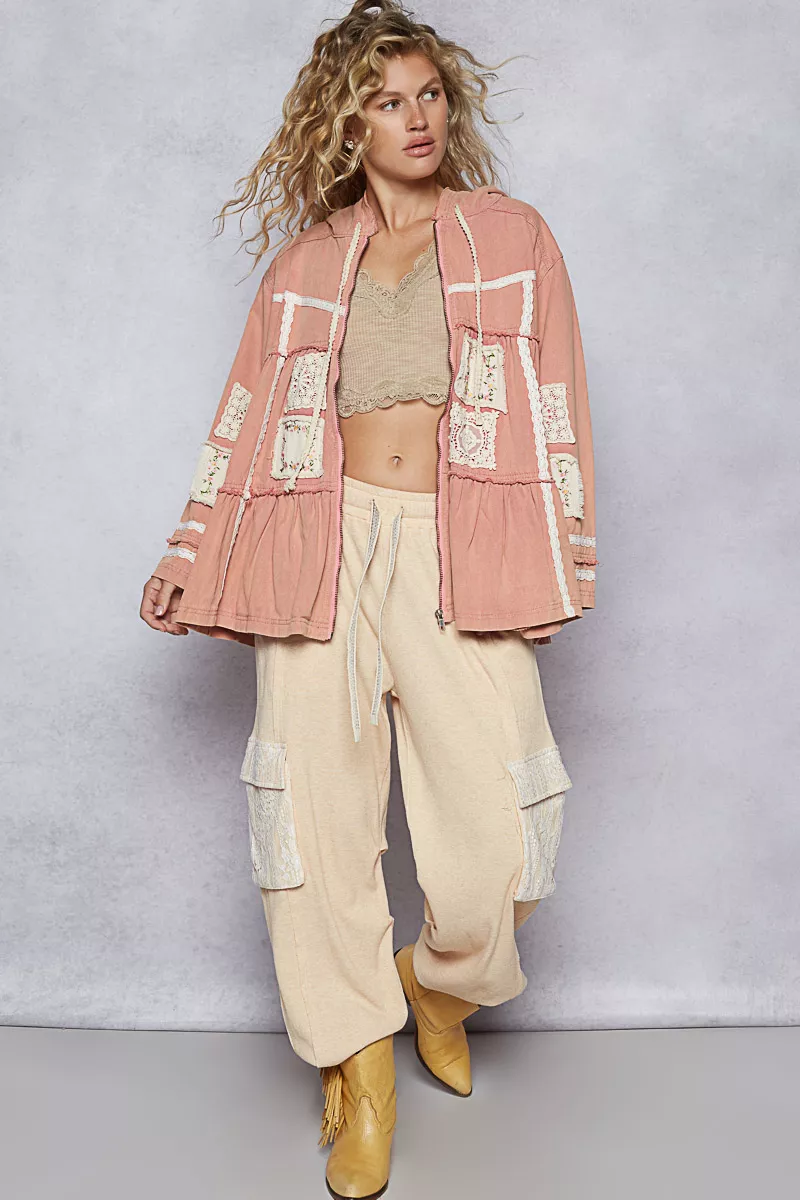 POL Embroidered Patch Hooded Jacket with Lace Detail - Image 5