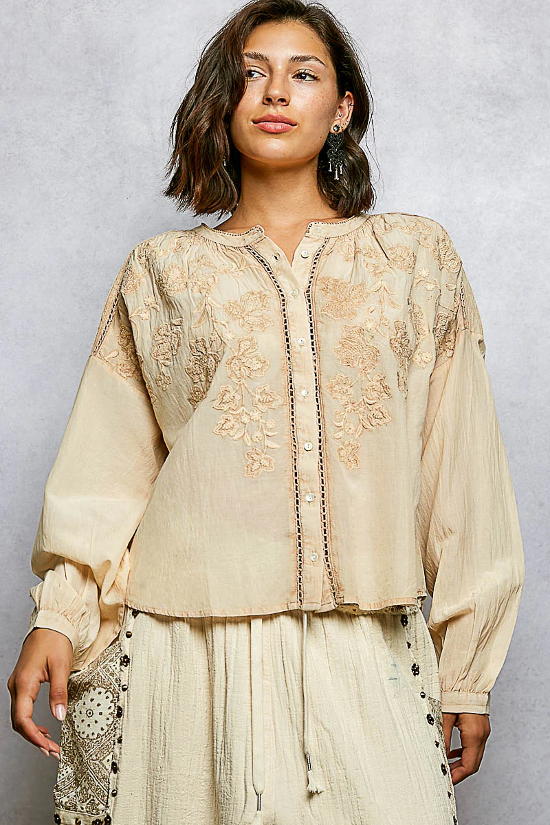 POL Embroidery Button Down Long Sleeve Washed Shirt - Image 11