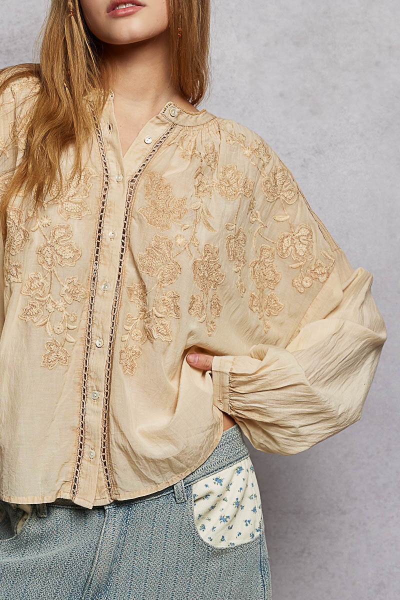 POL Embroidery Button Down Long Sleeve Washed Shirt - Image 7