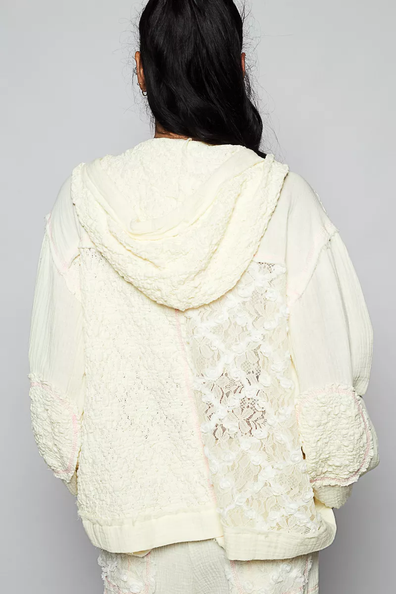 POL Exposed Seam Button Down Hooded Jacket with Lace Detail - Image 4