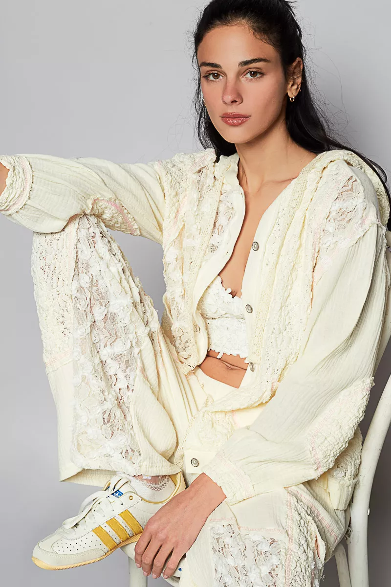 POL Exposed Seam Button Down Hooded Jacket with Lace Detail - Image 6