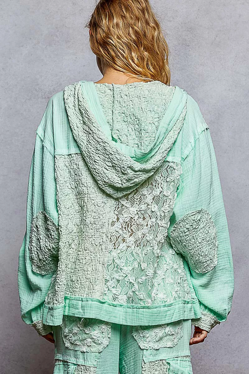 POL Exposed Seam Button Down Hooded Jacket with Lace Detail - Image 4