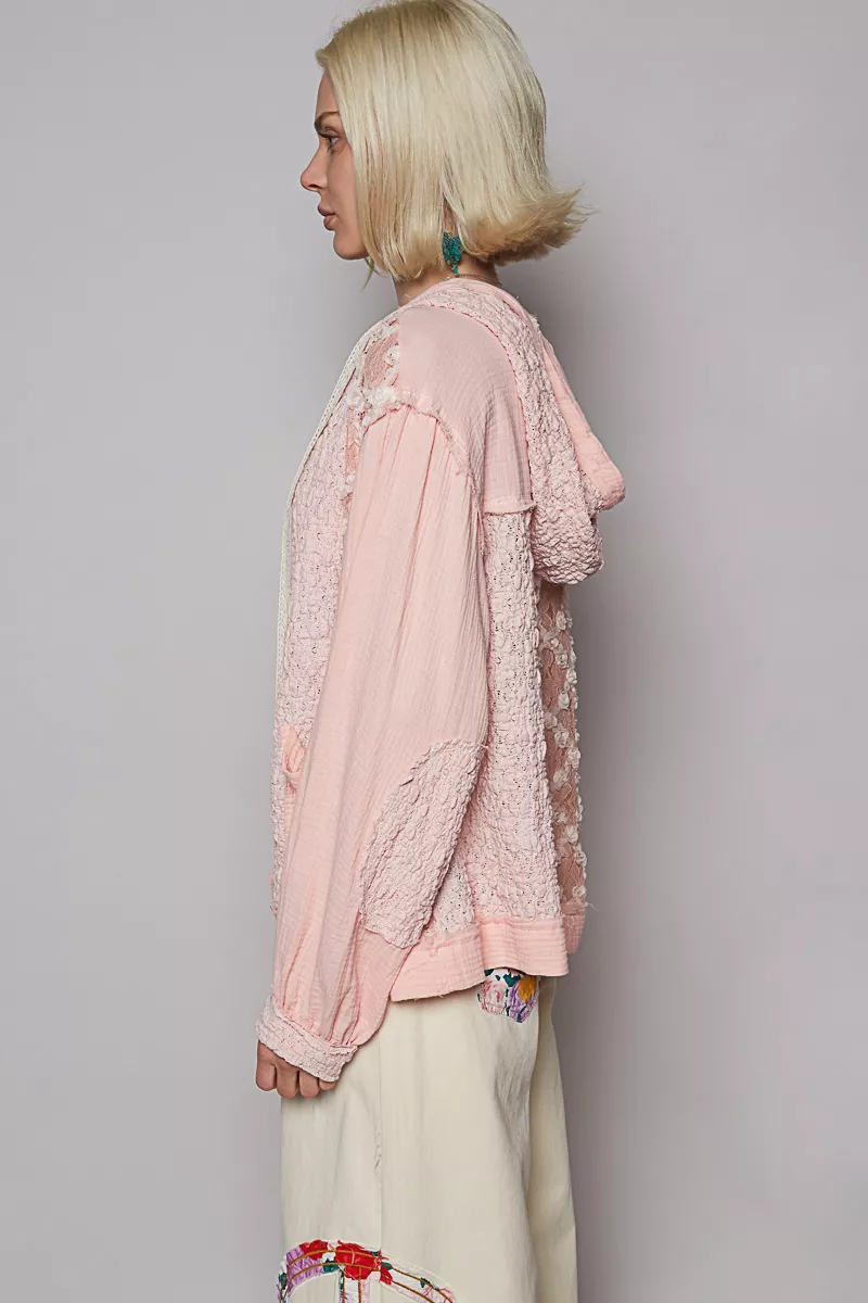 POL Exposed Seam Button Down Hooded Jacket with Lace Detail - Image 3