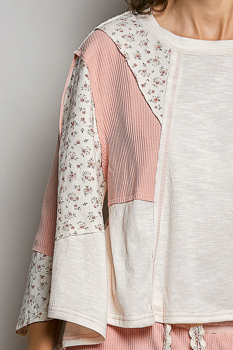 POL Exposed Seam Floral Patchwork Round Neck Textured Slub Knit Top - Image 6