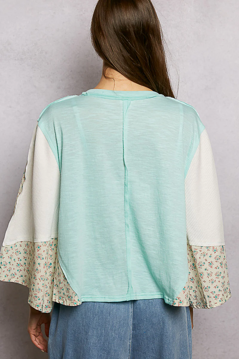 POL Exposed Seam Floral Patchwork Round Neck Textured Slub Knit Top - Image 4