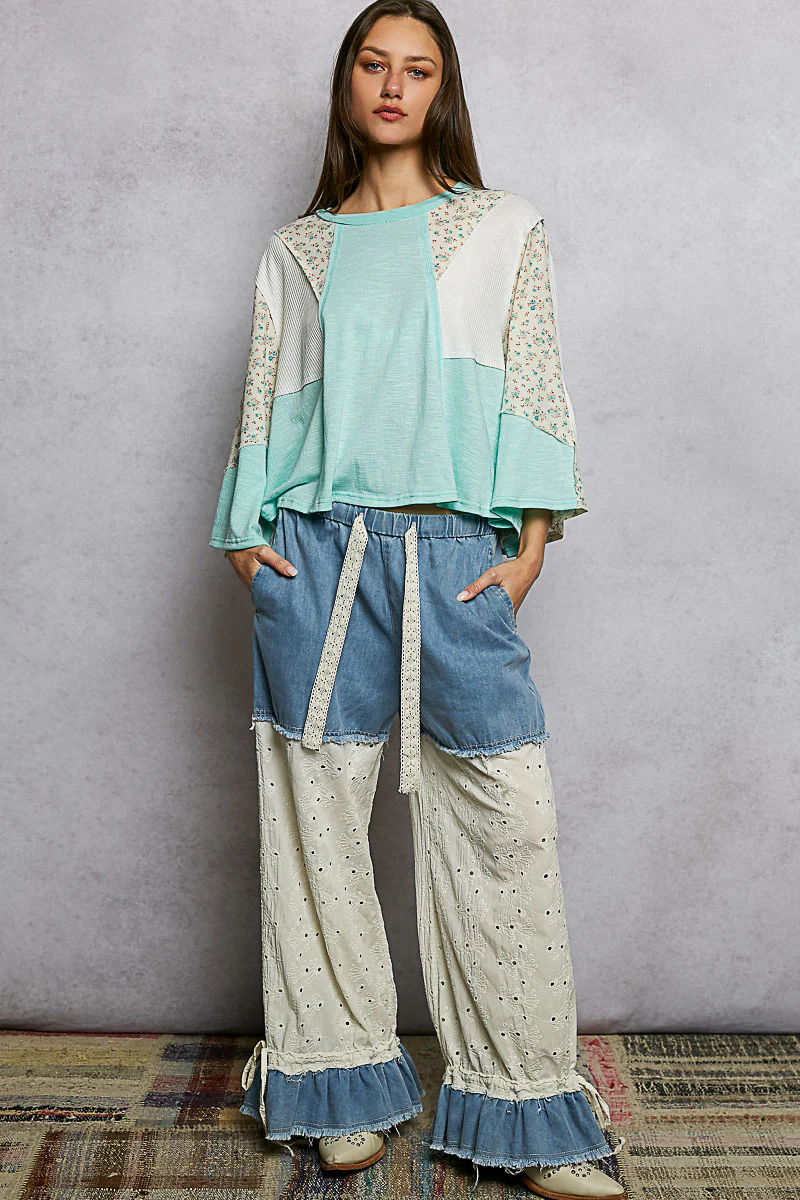 POL Exposed Seam Floral Patchwork Round Neck Textured Slub Knit Top - Image 5