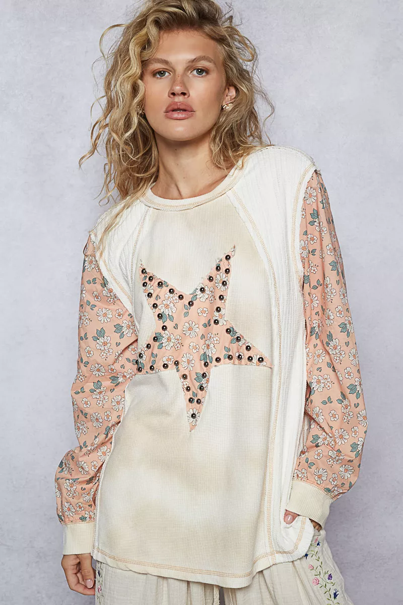 POL Exposed Seam Star Patch Thermal Top with Floral Sleeves - Image 2