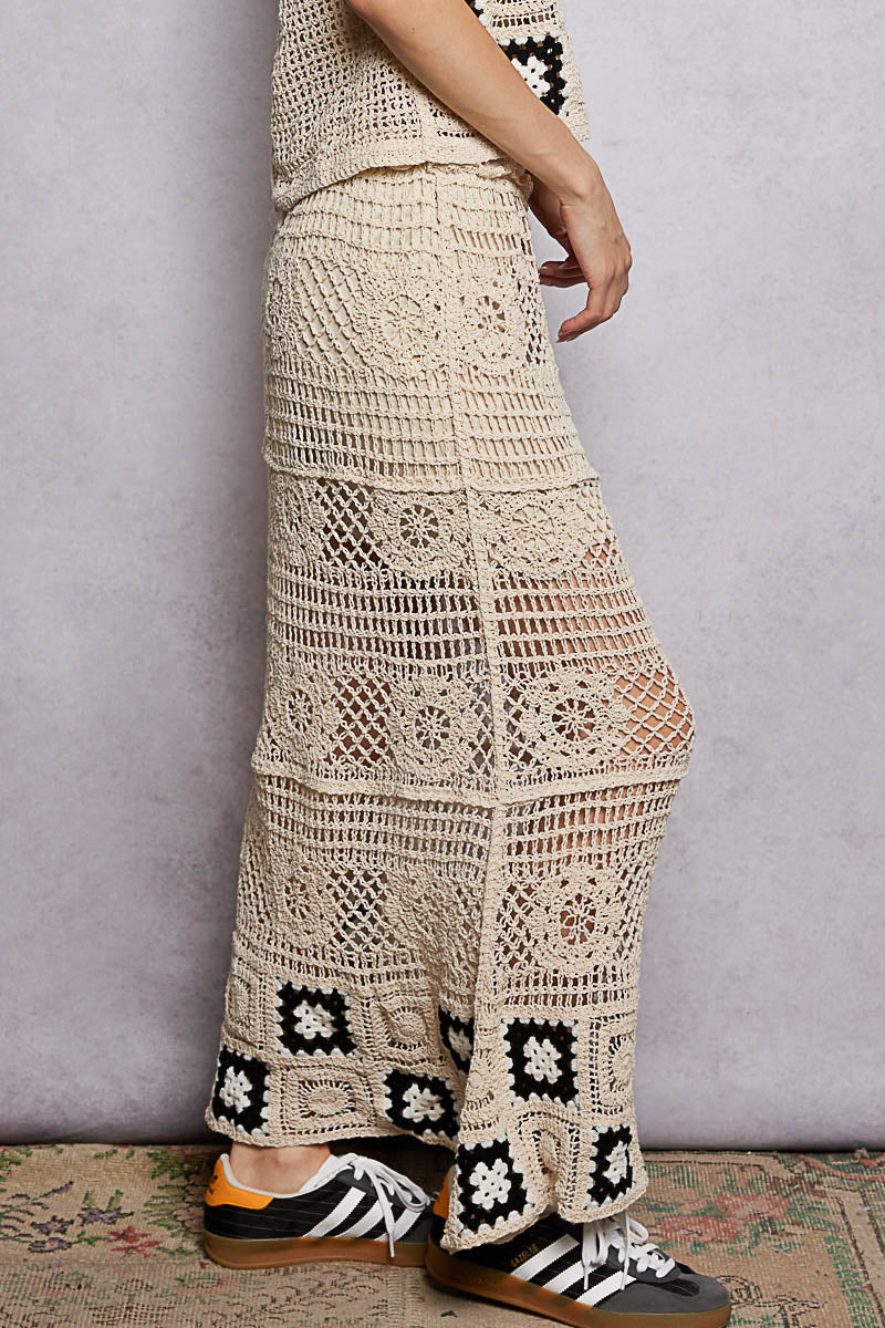 POL Floral Crochet Ruffled Waistband Maxi Skirt with Granny Square Weave - Image 2