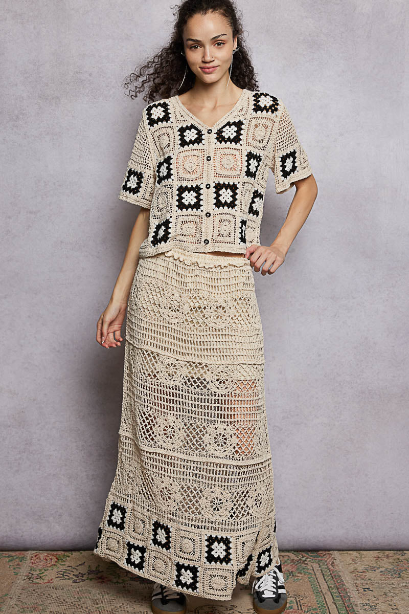 POL Floral Crochet Ruffled Waistband Maxi Skirt with Granny Square Weave - Image 4