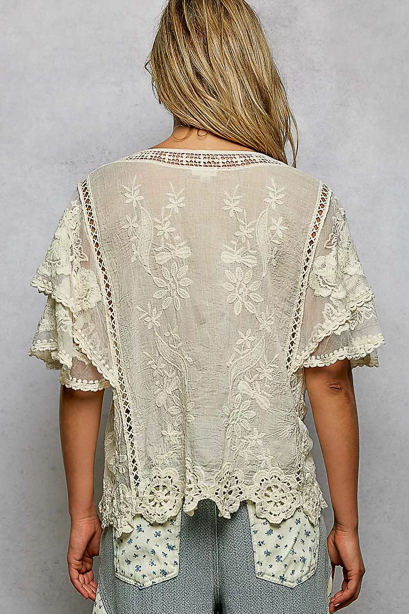 POL Floral Crochet V-Neck Short Sleeve Blouse with Scalloped Hem - Image 5