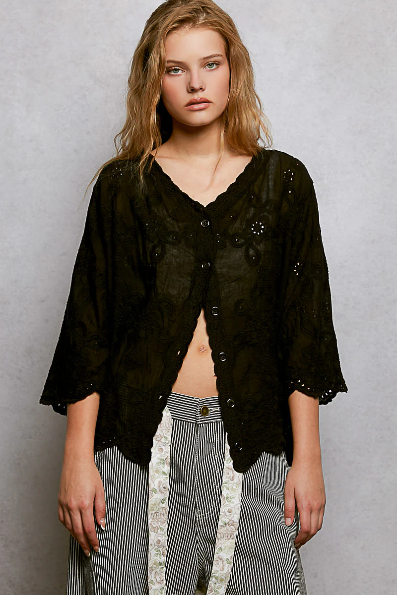 POL Floral Eyelet V-Neck Salloped Shirt