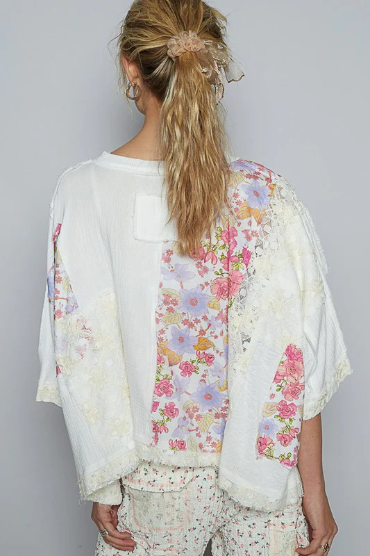 POL Floral Lace Patch Round Neck Double Gauze Top - Image 4
