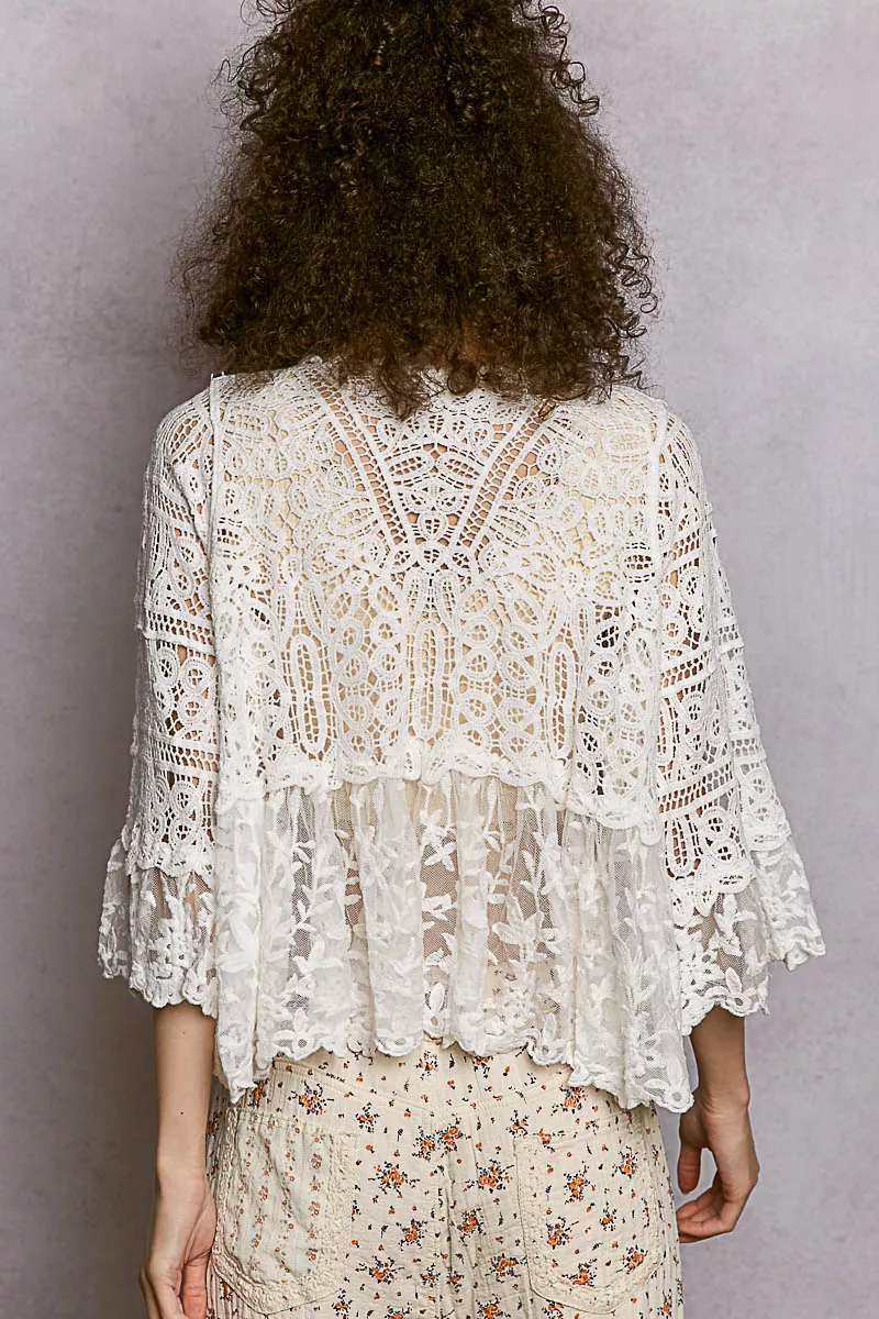 POL Floral Lace Short Sleeve Crochet Cardigan with Tassel Tie - Image 5