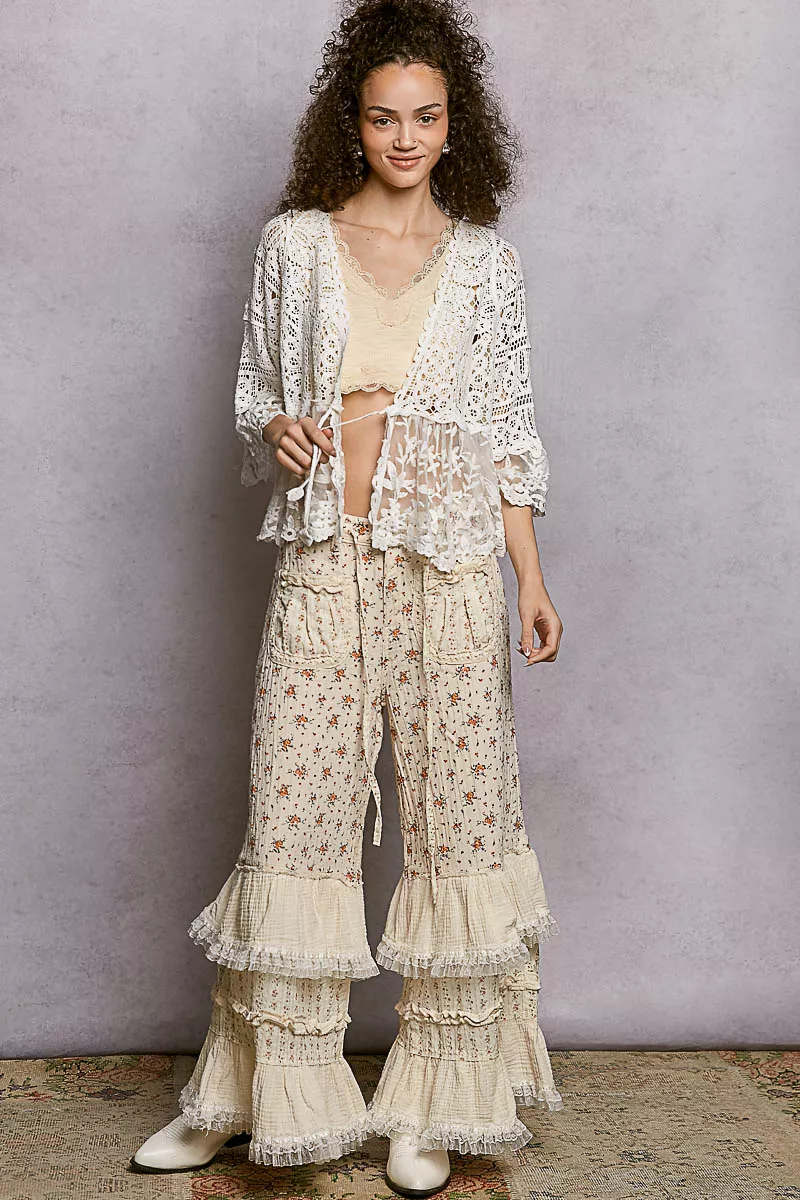 POL Floral Lace Short Sleeve Crochet Cardigan with Tassel Tie - Image 6