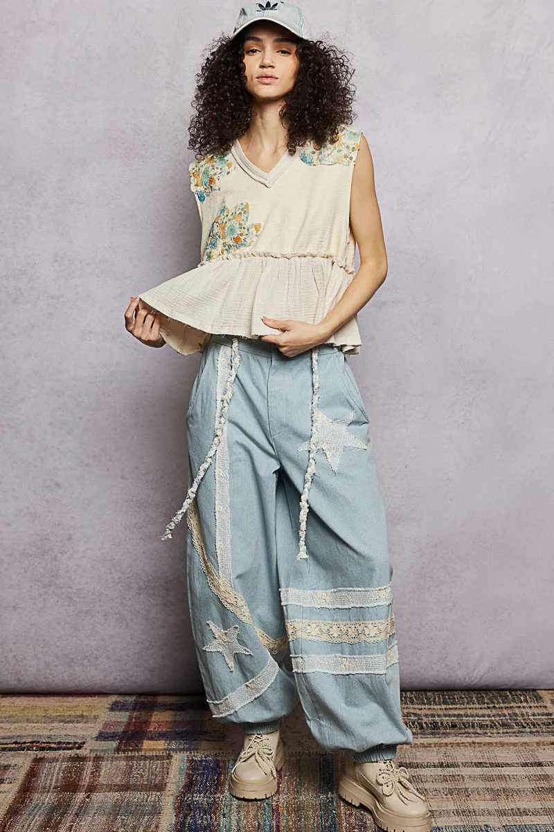POL Floral Patch Ruffled Sleeveless Top with Raw Edge Detail - Image 11
