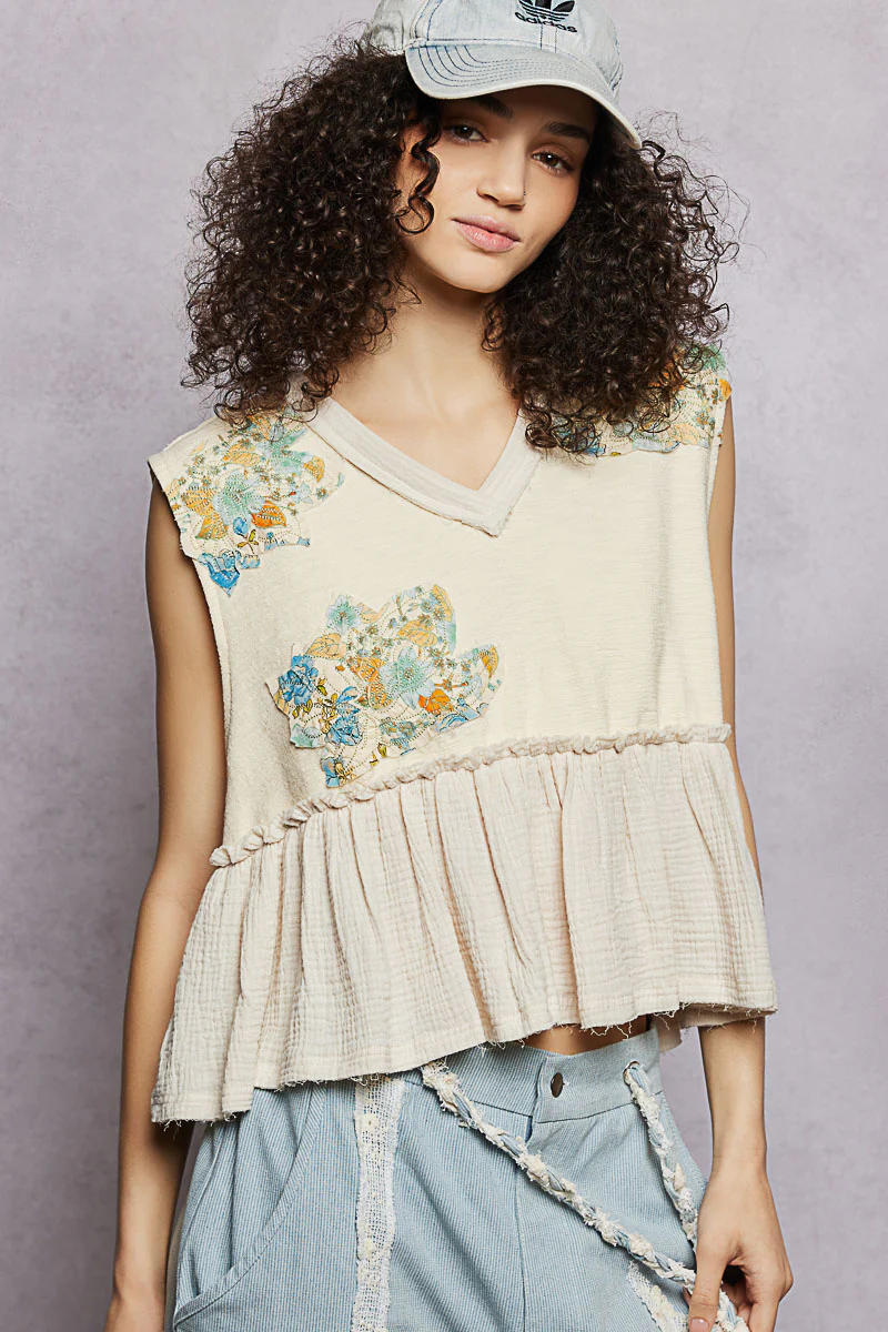 POL Floral Patch Ruffled Sleeveless Top with Raw Edge Detail - Image 8