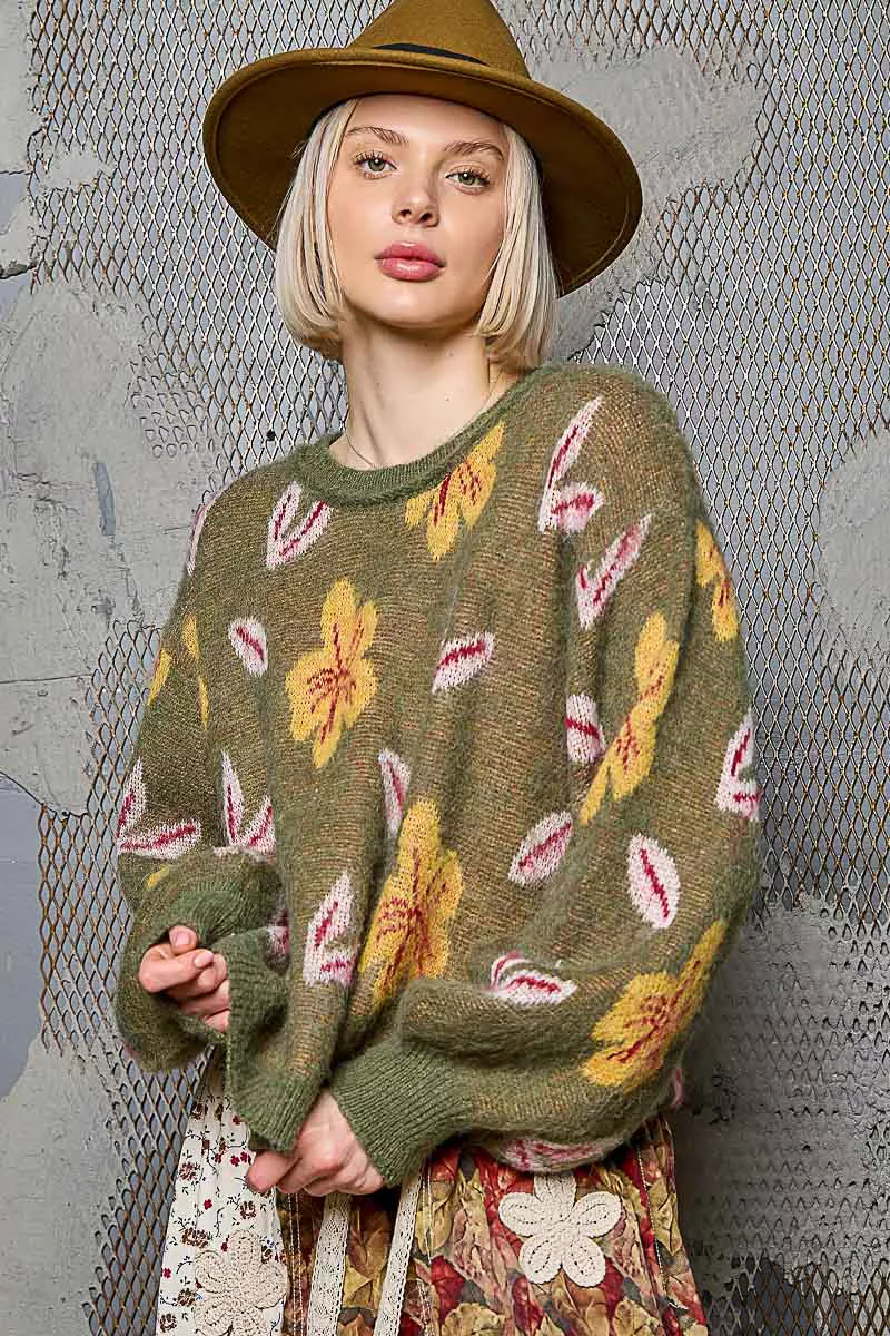 POL Floral Pattern Round Neck Balloon Sleeve Sweater - Image 5