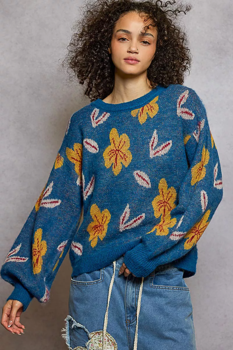POL Floral Pattern Round Neck Balloon Sleeve Sweater - Image 2