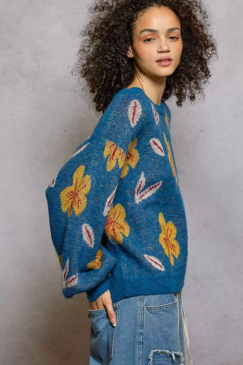 POL Floral Pattern Round Neck Balloon Sleeve Sweater - Image 3